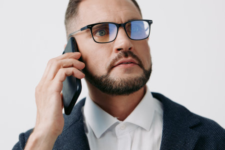 A focused business professional man on a solid colored background, speaking on a mobile phone with intent and confident expression, conveying leadership and concentration.の写真素材