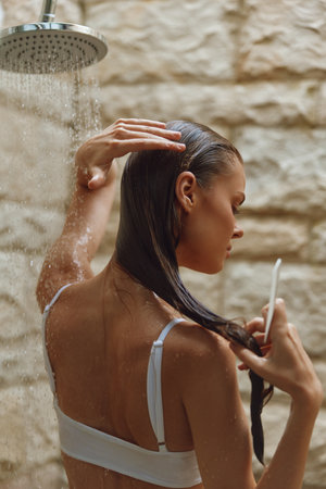 woman showering in natural light with wet hair under rainfall showerhead, serene mood, skin care routine, warm beige background textureの写真素材
