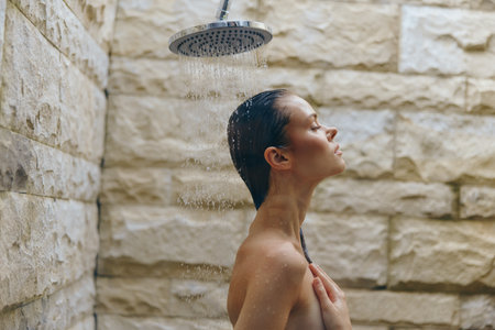 Woman enjoying relaxing outdoor shower under rainfall with closed eyes, natural stone wall background, wet hair, and serene expression, wellness and self-care concept.の写真素材