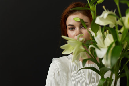 Young woman with brown hair, dressed in a white blouse, partially hidden by a bouquet of white...