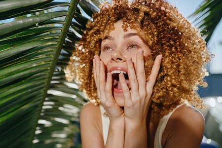 Excited woman with curly hair expressing surprise outdoors near tropical palm leaves under bright daylight with natural green background and warm tones.の写真素材