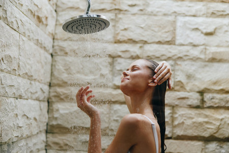 woman showering outdoors under rain showerhead with stone wall background, enjoying refreshing water and natural spa feeling in warm daylightの写真素材