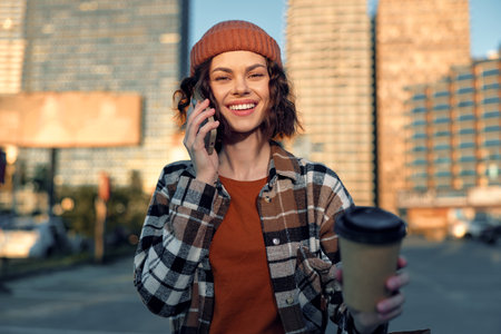 Woman smile coffee phone urban city beanie sunlight candid lifestyle portrait of a young female in plaid jacket, golden hour glow, authenticity, mindful living and emotional storytelling.の写真素材