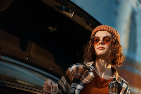 woman sunglasses beanie car Young woman at open trunk in warm golden hour glow, authenticity, candid lifestyle, mindful living, emotional storytelling.の写真素材