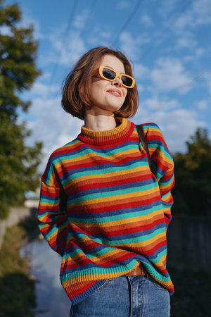 woman colorful sweater sunglasses smiling outdoor casual outfit: young woman in her 20s with bob haircut wearing a rainbow striped sweater and yellow sunglasses, smiling on a sunny outdoor pathの写真素材