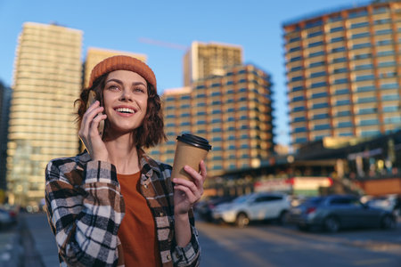 woman coffee phone city smile beanie urban portrait: candid golden hour glow scene of a smiling young woman on phone holding a coffee cup in downtown street, authenticity and mindful living.の写真素材