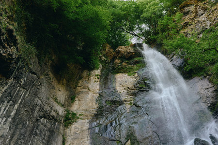 Majestic waterfall cascading down rocky cliffs surrounded by lush green forest under a clear sky, showcasing powerful natural beauty and serene wilderness.の写真素材