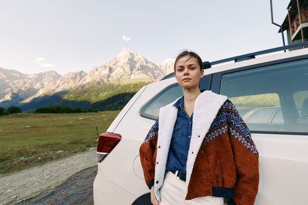 Woman next to car in mountains, travel portrait of young woman in warm jacket leaning against a white SUV on roadside, scenic nature landscape and outdoor adventure.の写真素材