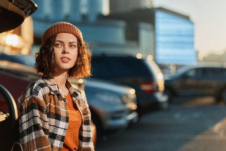 Woman portrait in urban parking wearing beanie and plaid jacket at golden hour, candid lifestyle shot with authenticity, golden hour glow, mindful living and emotional storytelling mood.の写真素材