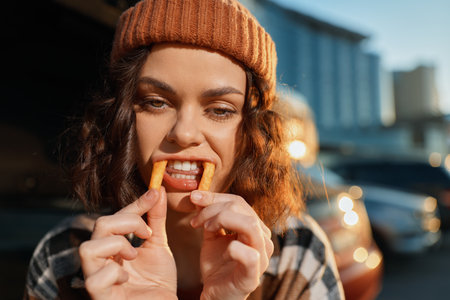 Woman portrait fries candid beanie urban smile golden hour authenticity playful mood, candid lifestyle and emotional storytelling of a young woman eating a snack outdoors in warm glow.の写真素材