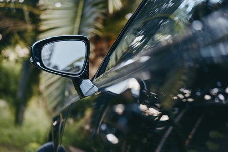 car side mirror glossy black with palm reflection, tropical outdoor closeup showing vehicle detail and faint young adult driver reflection in casual outfit, travel lifestyle vibeの写真素材