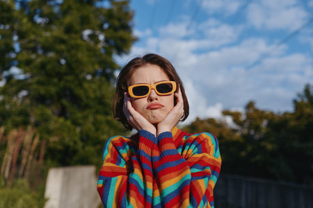 Young woman in rainbow sweater and yellow sunglasses posing outdoors with hands on face and playful pout, short brown hair, sunny park background for lifestyle and fashion.の写真素材