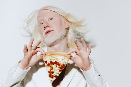 albino man holding pizza slice, studio shot, white background, playful expression, unique hairstyle,...
