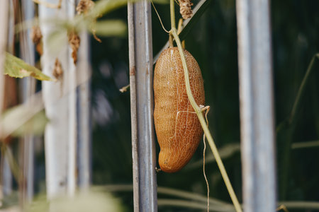 Gourd hanging gourd on vine against metal fence in garden, dried gourd pod with textured brown skin,...