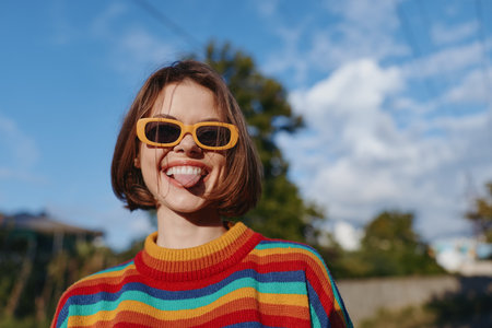 Woman in rainbow sweater and yellow sunglasses, playful and smiling while sticking tongue out. Young adult with short hair in casual outfit outdoors, vibrant fashion lifestyle portrait.の写真素材