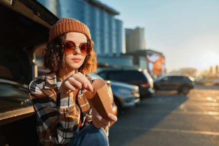 Woman with sunglasses and beanie at car trunk in parking lot eating a snack during golden hour glow, candid lifestyle portrait with authenticity, mindful living and emotional storytelling mood.の写真素材