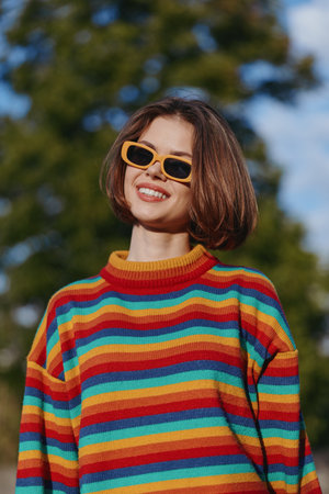 Woman smiling in a striped sweater and yellow sunglasses, short hair young adult outdoors in a portrait shot; colorful fashion casual outfit, joyful expression and sunny lifestyle mood.の写真素材