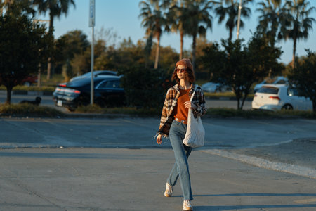 woman walking tote sunglasses golden hour candid casual parking lot. Young woman strolls at sunset with authenticity and candid lifestyle vibe, golden hour glow, mindful living and emotionalの写真素材