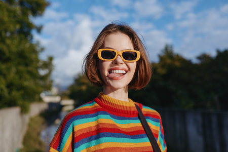 Young woman in a rainbow sweater and yellow sunglasses smiling playfully, short bob haircut, casual outfit outdoors by an urban canal in sunny daytime, lifestyle travel portrait.の写真素材