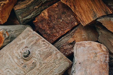 Firewood, logs, woodpile, timber, split logs, stacked wood: closeup of seasoned firewood pile with rough bark and grain, rustic outdoor cabin supply for middle-aged couple preparing cozy autumnの写真素材