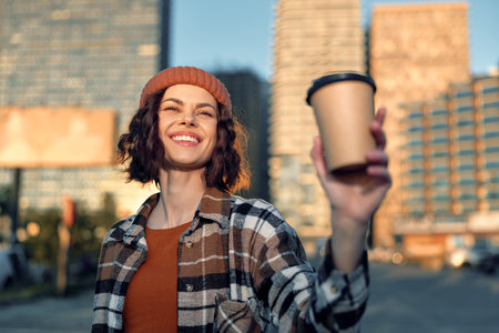 Woman coffee smile city beanie sunlight takeaway portrait captured in candid lifestyle moment with golden hour glow, authenticity and emotional storytelling for mindful living and warmth.の写真素材