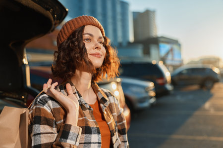 Woman portrait by car in parking lot at golden hour, candid lifestyle moment with plaid jacket and beanie, warm glow, authenticity and mindful living captured with emotional storytelling.の写真素材