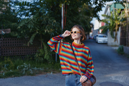 Young woman in her 20s wearing a striped sweater and sunglasses on a sunlit street, smiling in...