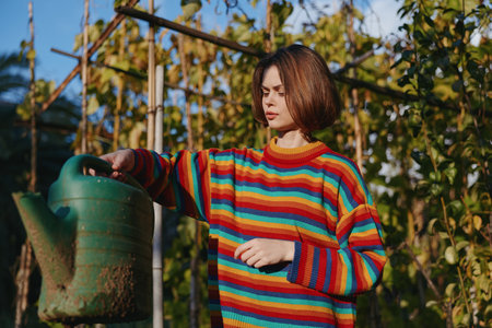 Woman in a colorful striped sweater holding a green watering can in a backyard garden, young adult...