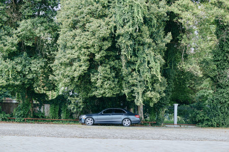 Car parked beside a tree lined roadside by a river, presenting a calm outdoor scene with lush foliage and a quiet natural contrast to urban lifeの写真素材