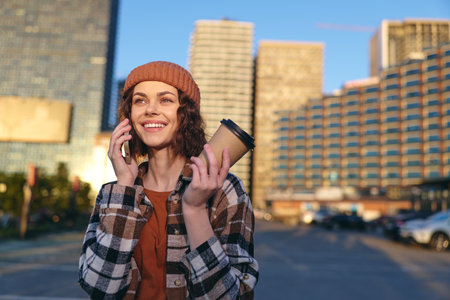 Woman with coffee on phone smiles in urban street during golden hour, candid moment and authenticity captured; warm glow, casual beanie and plaid jacket convey mindful living and joy.の写真素材