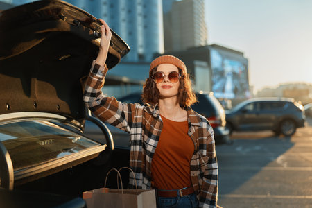 woman car shopping sunset sunglasses urban trunk smile captured in candid lifestyle scene with authenticity and golden hour glow, mindful living vibe and emotional storytelling.の写真素材