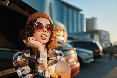 Woman in beanie and sunglasses eating fries by an open car trunk in a parking lot at golden hour, candid lifestyle portrait with authenticity, mindful living and emotional storytelling.の写真素材