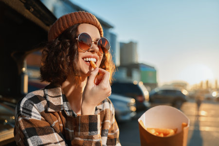 Woman fries sunglasses beanie smile sunset car urban, young woman eating fries by a car at sunset with sunglasses and beanie, genuine smile, candid lifestyle, authenticity and golden hour glow.の写真素材