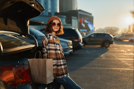 Woman shopping by car in a parking lot at golden hour, sunglasses on, holding a bag while smiling. Urban candid lifestyle shot with authenticity and emotional storytelling.の写真素材
