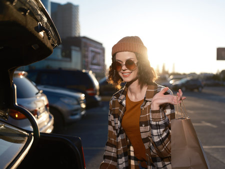 Woman shopping in parking lot at sunset, casual style with bag and keys, smiling by open trunk. Candid lifestyle portrait with authenticity, golden hour glow, mindful living and emotionalの写真素材