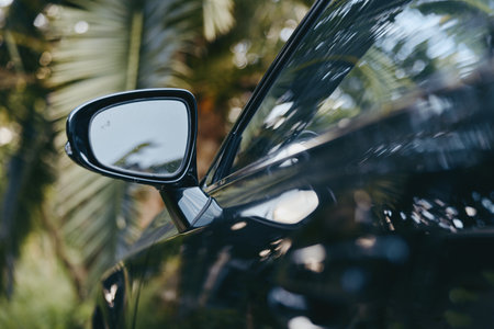 Car side mirror mirror closeup of black vehicle with reflection of palm leaves, glossy exterior and shallow depth of field for automotive detail and tropical lifestyle mood.の写真素材