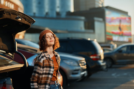 Woman with car in urban parking at golden hour, candid authenticity and mindful living captured in warm sunlight. Portrait of relaxed, confident youth and emotional storytelling.の写真素材