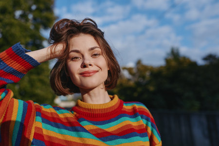Woman portrait smile in colorful sweater outdoors with sunlight on face, short hair and relaxed pose, natural expression and shallow depth of field for lifestyle and fashion.の写真素材