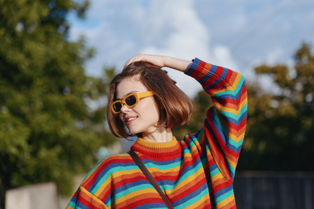 Young woman wearing a colorful striped sweater and yellow sunglasses, smiling with bob haircut in an...