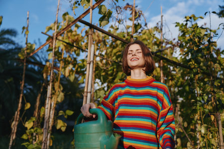 Woman in a rainbow striped sweater holding a green watering can in a sunlit garden by a wooden trellis, short hair young adult smiling in a casual tropical outdoor lifestyle scene.の写真素材