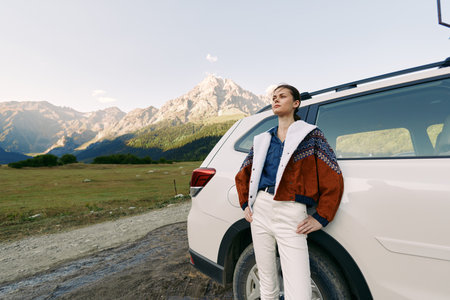 Woman leaning against a white car SUV by mountains, travel portrait during roadtrip in outdoor landscape. Fashion jacket, confident pose, scenic view on gravel road and adventure.の写真素材