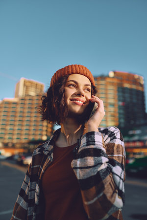 woman phone smile urban golden hour glow candid lifestyle and authenticity evoke mindful living; emotional storytelling portrait of a young woman in a beanie and plaid jacket outdoorsの写真素材