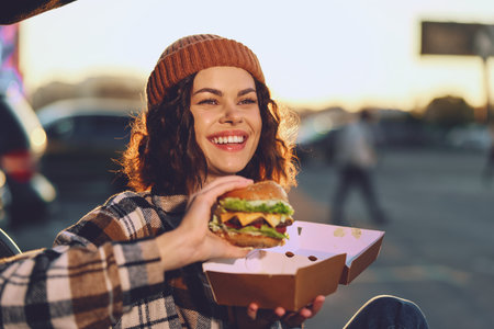Woman burger smile outdoor beanie takeout candid golden authenticity in a mindful living scene; emotional storytelling captures a joyful urban portrait at warm sunset with genuine candid lifestyle.の写真素材