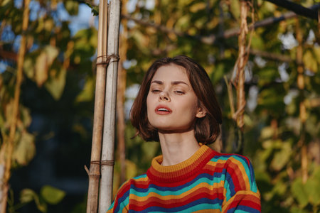 Woman in a colorful striped sweater with short brown hair poses in an outdoor portrait by a bamboo pole, warm sunlight on her face, confident expression, fashion lifestyle and autumn vibeの写真素材