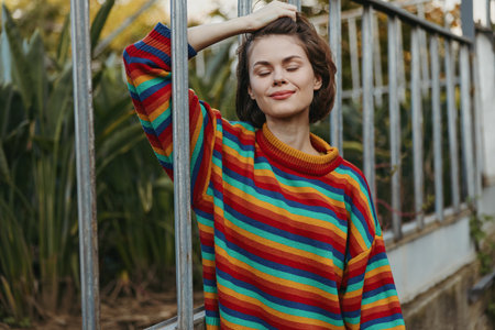 Woman in colorful striped sweater portrait in a greenhouse, smiling with eyes closed and relaxed pose, cozy knitwear, natural light and botanical background.の写真素材