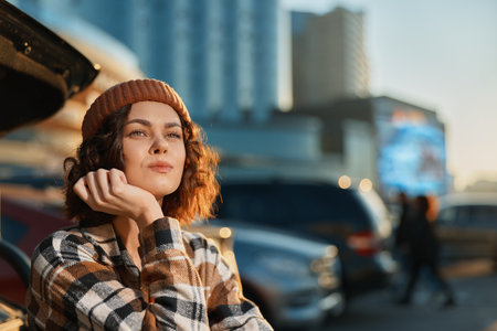 Woman portrait candid in urban street by open car trunk, beanie and plaid jacket, thoughtful gaze at golden hour glow, authenticity and mindful living, emotional storytelling lifestyle scene.の写真素材