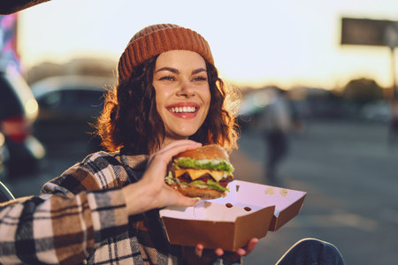 Woman burger smile authenticity candid lifestyle golden glow: young woman outdoors in beanie holding a takeaway burger in a box, laughing in warm sunset light with emotional storytelling mood.の写真素材