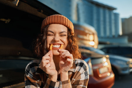 Woman holding fries like a playful smile, beanie on, leaning by a car in warm golden hour glow; candid authenticity and mindful living captured with intimate emotional storytelling.の写真素材