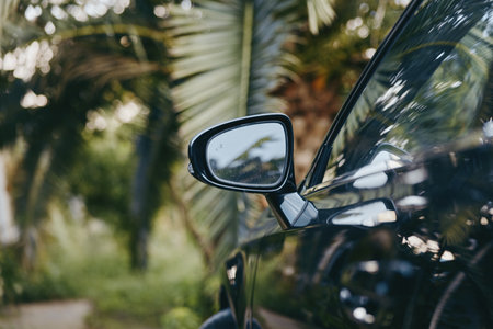 Car side mirror closeup with black car parked by palm trees in tropical setting, luxury coupe detail reflecting foliage, glossy paint and bokeh background for travel lifestyle.の写真素材