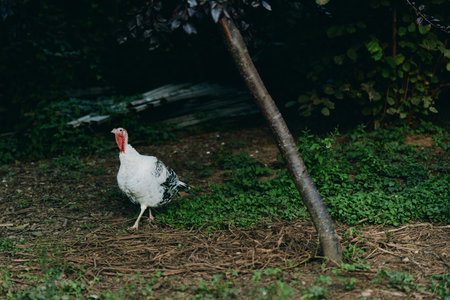 Adult domestic turkey standing alert in a rural backyard, white turkey with red wattle foraging near tree and grass, calm farm bird scene for lifestyle or agricultural stock photo.の写真素材